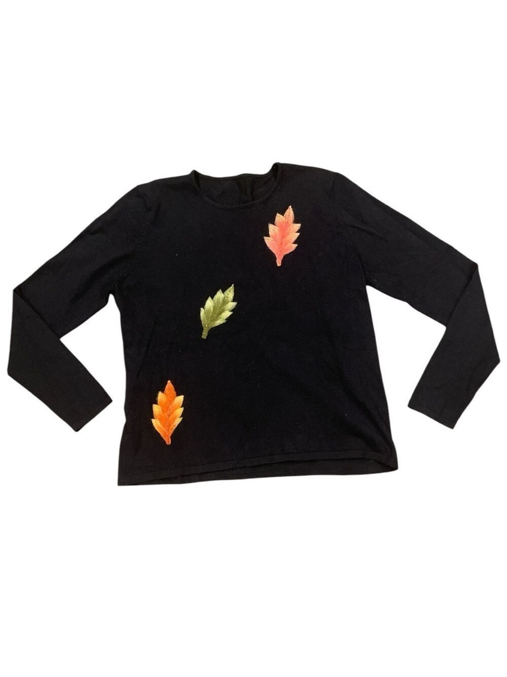Black L crew neck autumn leaves appliqué long sleeve sweater